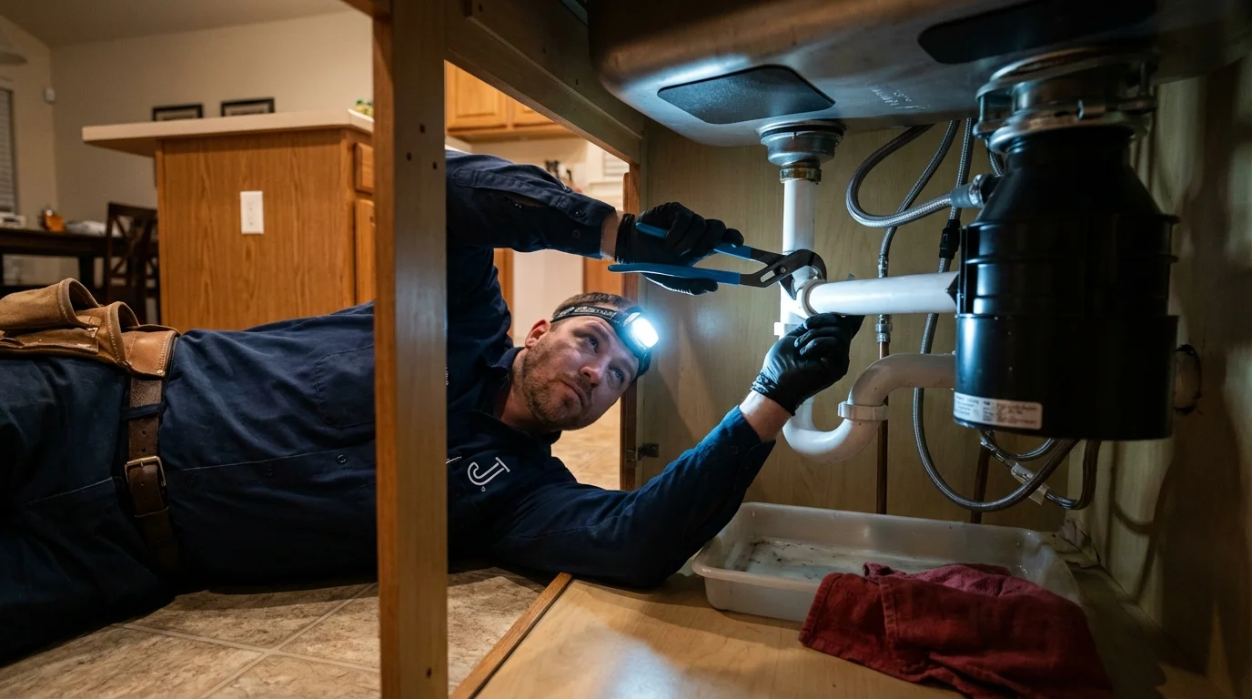 P-trap and supply line connections under a kitchen sink showing a common leak point in Bayamon, PR